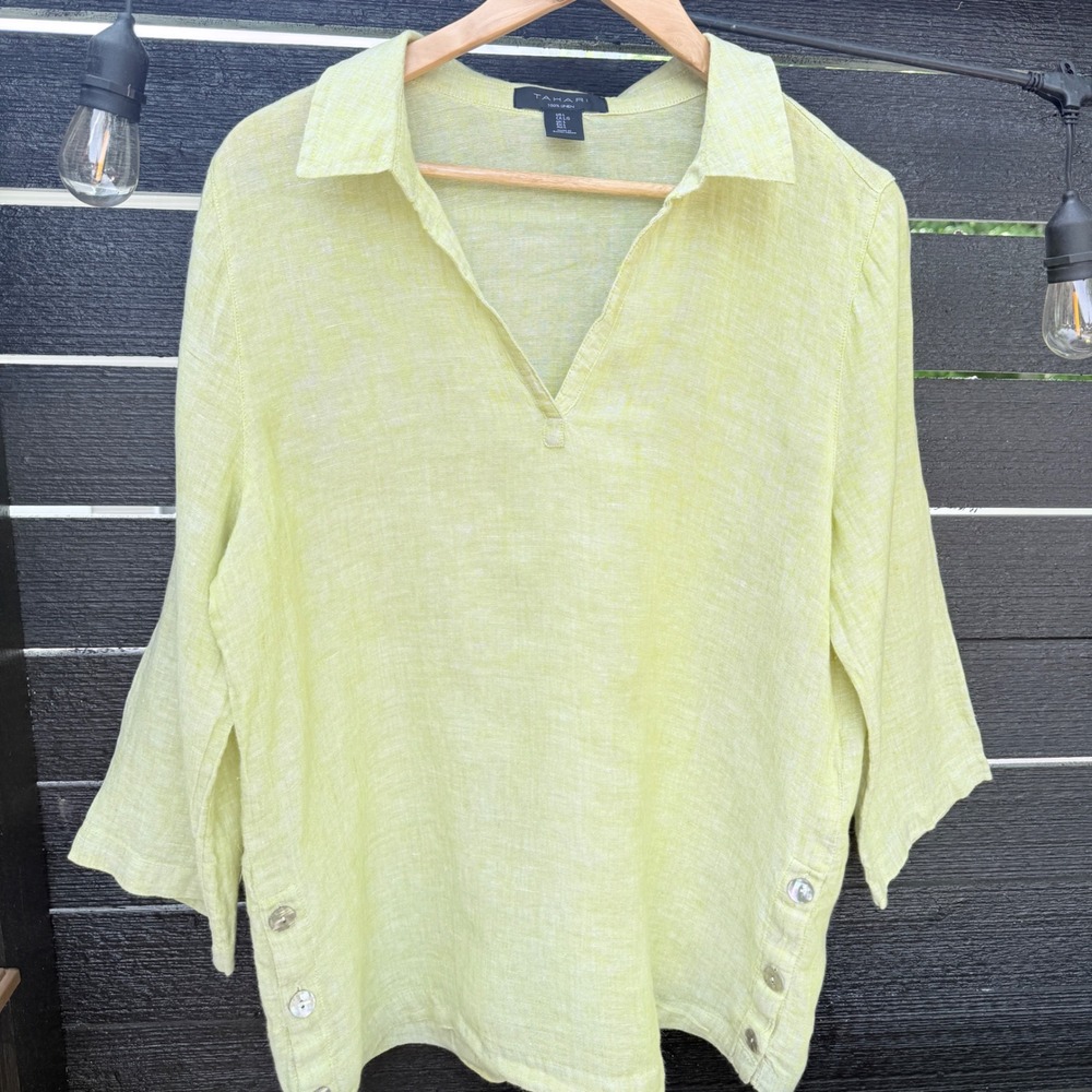 Tahari Womens Large Linen Tunic Lime Chartreuse Green V Neck 3/4 Sleeve Relaxed